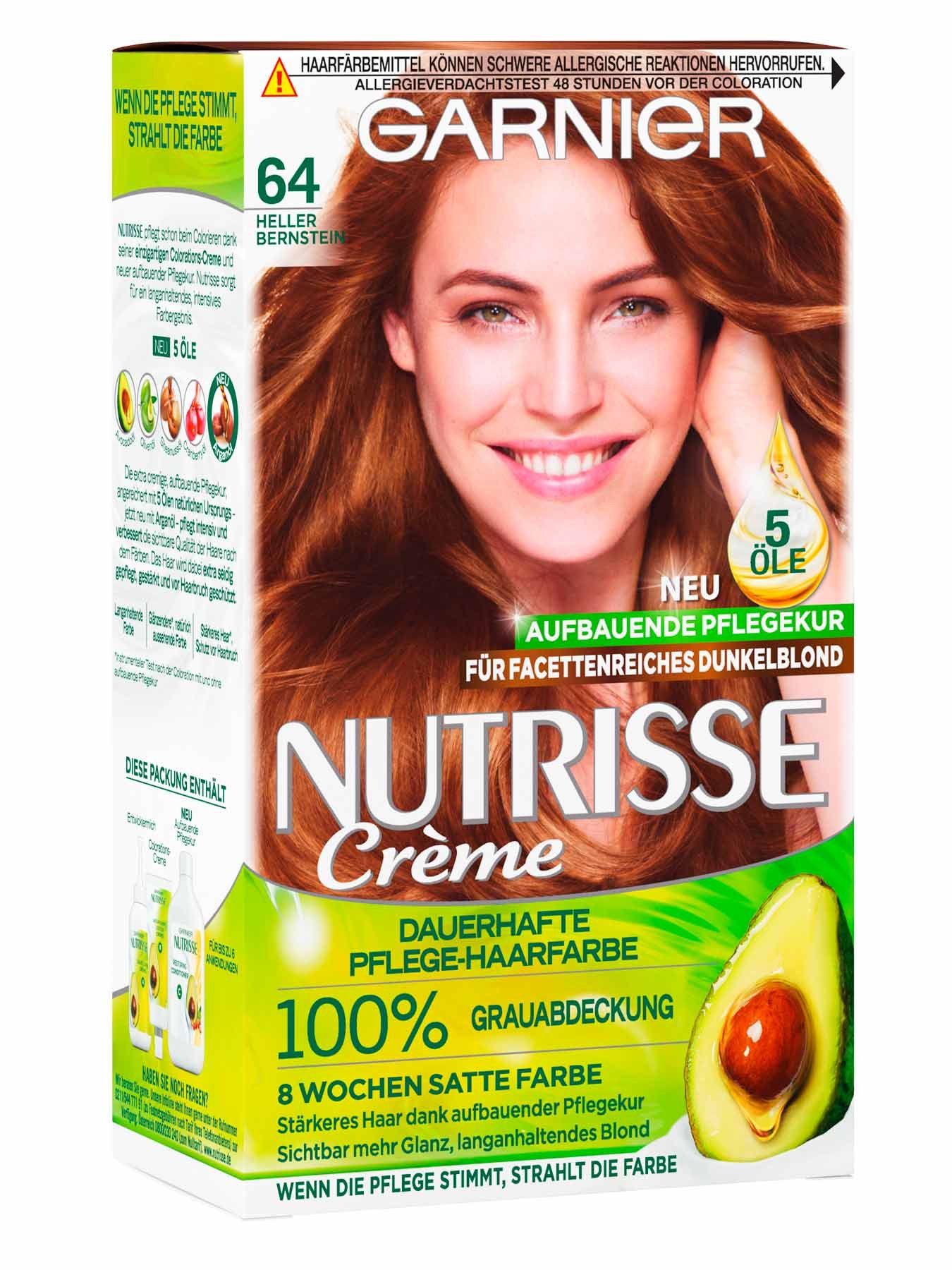 Vorderansicht auf die Verpackung der Garnier Nutrisse Creme 64 Heller Bernstein
